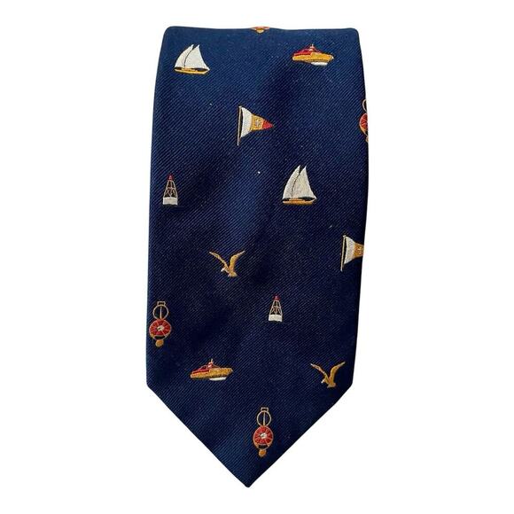 Vintage Ticuna Necktie Nautical Navy Blue Ships Boats Coastal Preppy Coastal - Picture 2 of 6